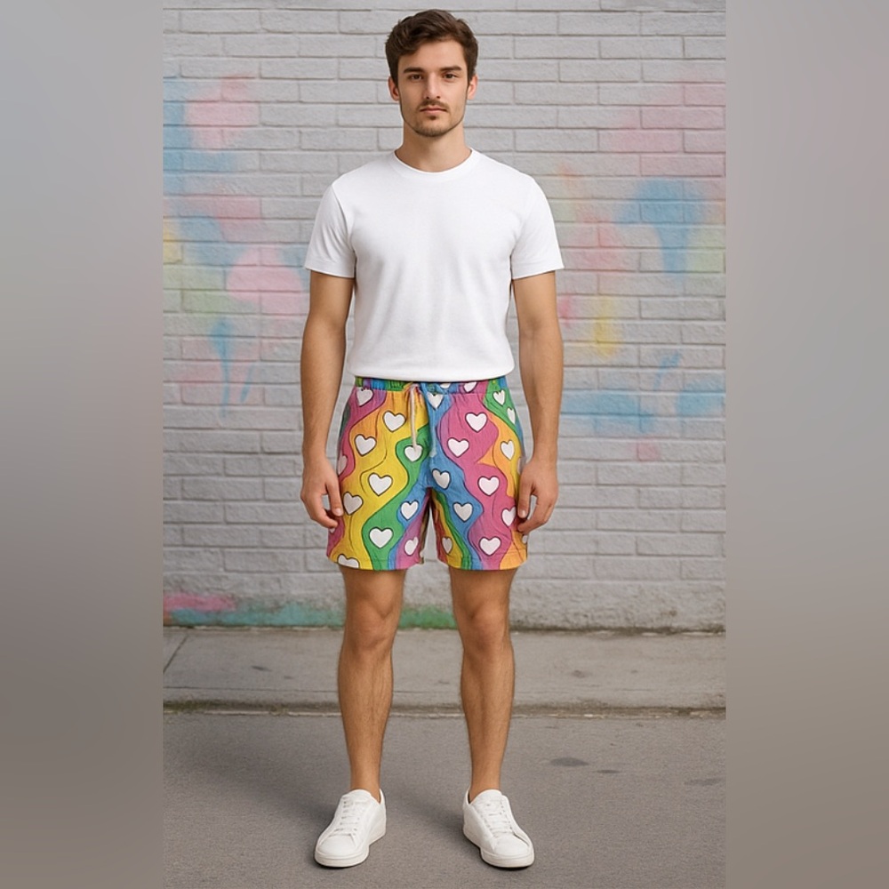 Keith Kelly Rainbow Heart Print Festival rave  Shorts XS